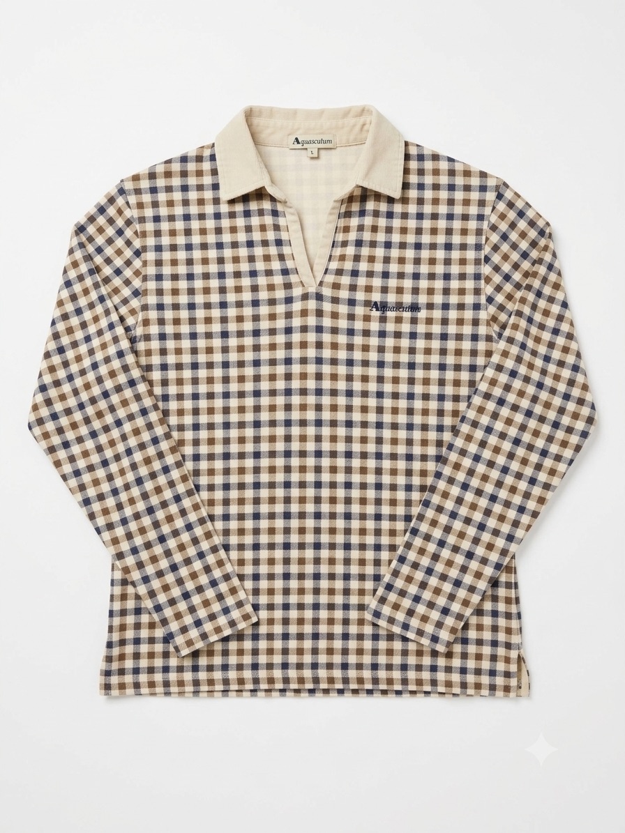 Aquascutum Vintage Club Check Long Sleeve Polo Top V-Neck Tan Brown Blue Xl